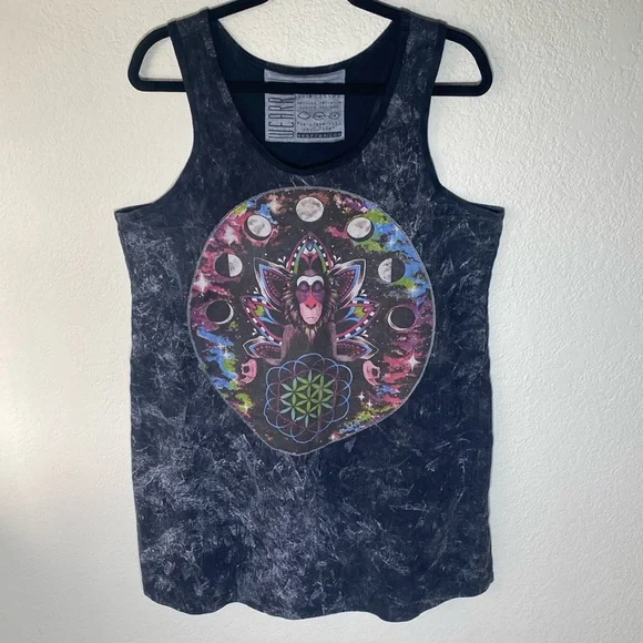 WearRaw Black Acid Washed RacerBack Tunic With Moonphase and Yoga Baboon Size XL - Picture 1 of 9